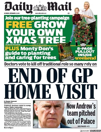 Daily Mail Newspaper Front Page (UK) for 23 November 2019