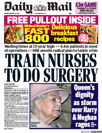 Daily Mail Newspaper Front Page (UK) for 24 February 2020