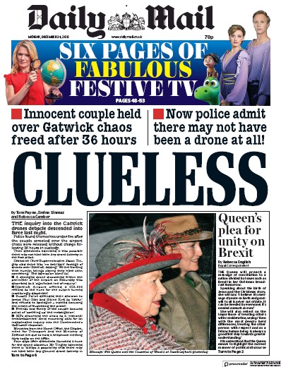 Daily Mail Newspaper Front Page (UK) for 25 December 2018
