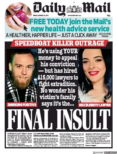 Daily Mail Newspaper Front Page (UK) for 25 January 2019