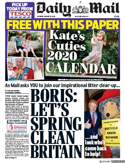 Daily Mail Newspaper Front Page (UK) for 25 January 2020