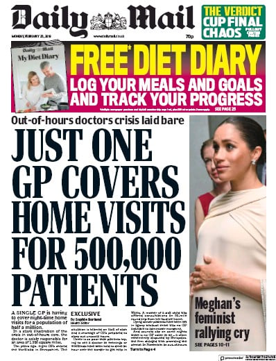 Daily Mail Newspaper Front Page (UK) for 25 February 2019