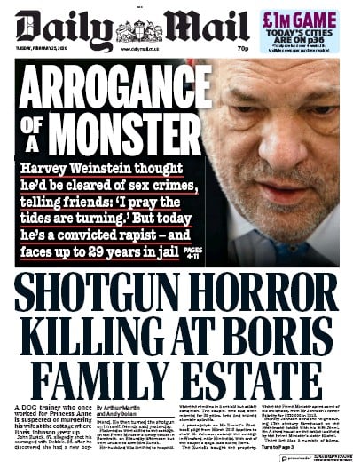 Daily Mail Newspaper Front Page (UK) for 25 February 2020