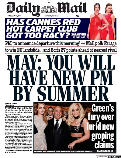 Daily Mail Newspaper Front Page (UK) for 25 May 2019