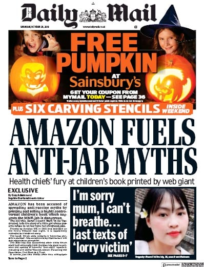 Daily Mail Newspaper Front Page (UK) for 26 October 2019