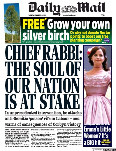 Daily Mail Newspaper Front Page (UK) for 26 November 2019