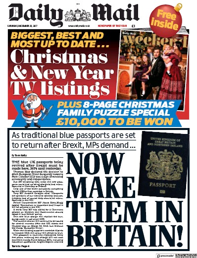 Daily Mail Newspaper Front Page (UK) for 26 December 2017