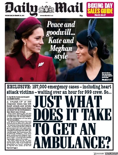 Daily Mail Newspaper Front Page (UK) for 26 December 2018