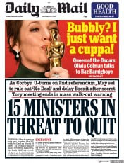 Daily Mail (UK) Newspaper Front Page for 26 February 2019