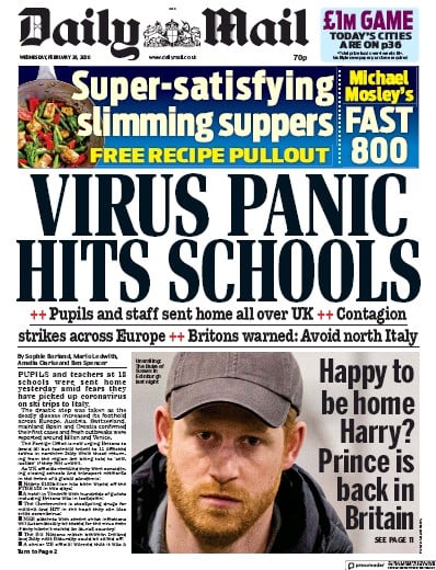 Daily Mail Newspaper Front Page (UK) for 26 February 2020