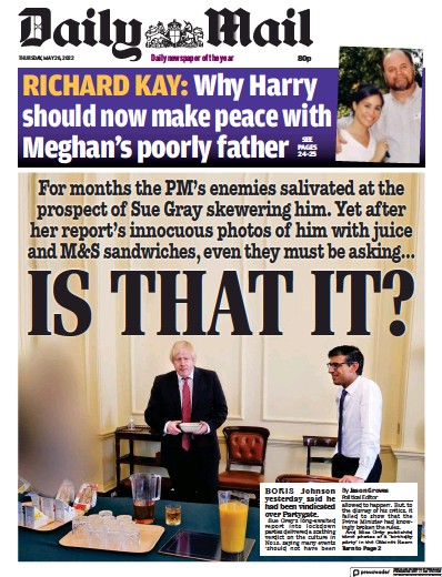 Daily Mail UK Front Page For 26 May 2022 Paperboy Online Newspapers