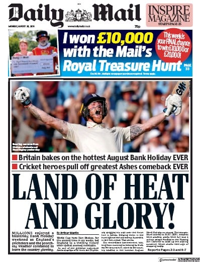 Daily Mail Newspaper Front Page (UK) for 26 August 2019