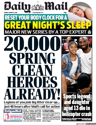 Daily Mail Newspaper Front Page (UK) for 27 January 2020