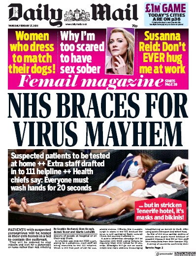 Daily Mail Newspaper Front Page (UK) for 27 February 2020