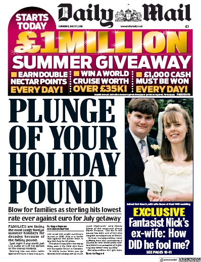 Daily Mail Newspaper Front Page (UK) for 27 July 2019