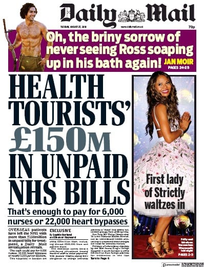 Daily Mail Newspaper Front Page (UK) for 27 August 2019