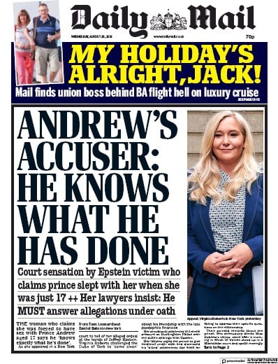Daily Mail Newspaper Front Page (UK) for 28 August 2019