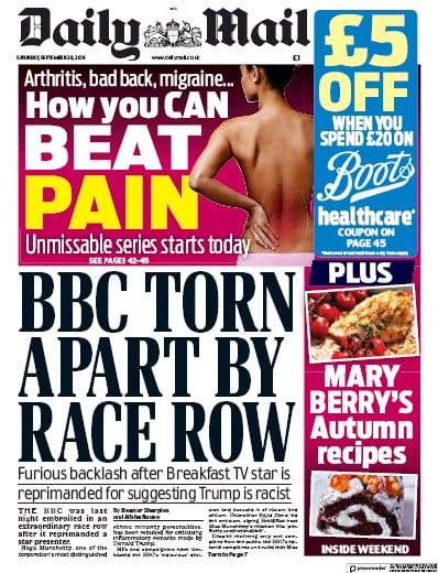 Daily Mail Newspaper Front Page (UK) for 28 September 2019