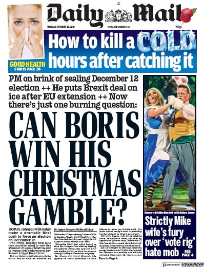Daily Mail Newspaper Front Page (UK) for 29 October 2019
