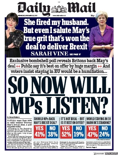 Daily Mail Newspaper Front Page (UK) for 29 November 2018