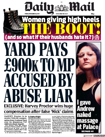 Daily Mail Newspaper Front Page (UK) for 29 November 2019