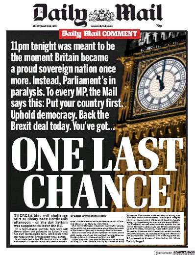 Daily Mail Newspaper Front Page (UK) for 29 March 2019