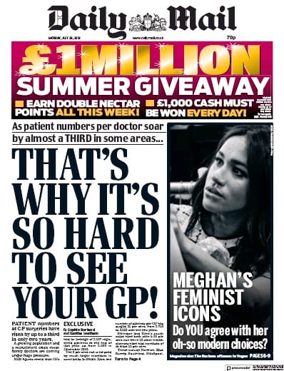 Daily Mail Newspaper Front Page (UK) for 29 July 2019