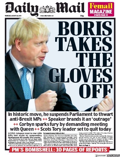 Daily Mail Newspaper Front Page (UK) for 29 August 2019