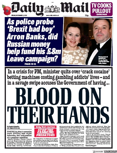 Daily Mail Newspaper Front Page (UK) for 2 November 2018
