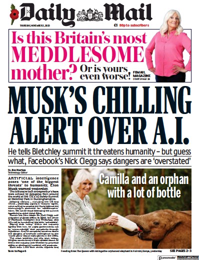 Daily Mail Newspaper Front Page (UK) for 2 November 2023