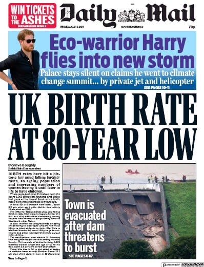 Daily Mail Newspaper Front Page (UK) for 2 August 2019