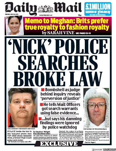 Daily Mail Newspaper Front Page (UK) for 30 July 2019