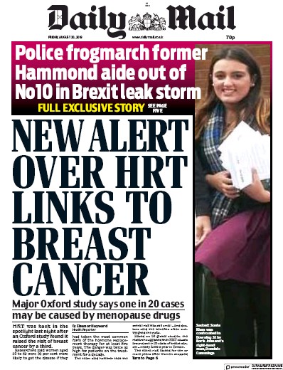 Daily Mail Newspaper Front Page (UK) for 30 August 2019