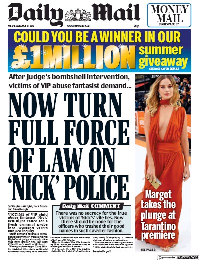 Daily Mail Newspaper Front Page (UK) for 31 July 2019
