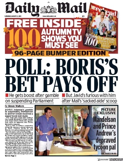 Daily Mail Newspaper Front Page (UK) for 31 August 2019