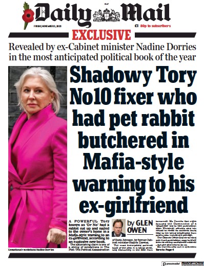 Daily Mail Newspaper Front Page (UK) for 3 November 2023