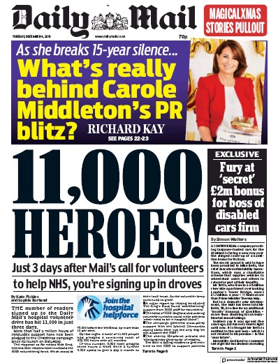Daily Mail Newspaper Front Page (UK) for 4 December 2018