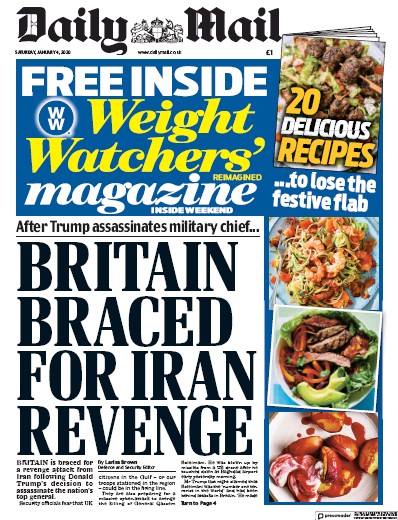 Daily Mail Newspaper Front Page (UK) for 4 January 2020