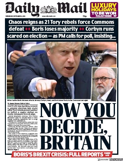 Daily Mail Newspaper Front Page (UK) for 4 September 2019