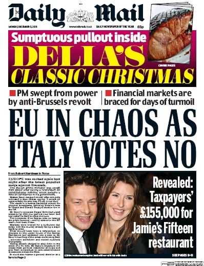 Daily Mail Newspaper Front Page (UK) for 5 December 2016