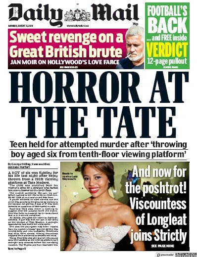 Daily Mail Newspaper Front Page (UK) for 5 August 2019