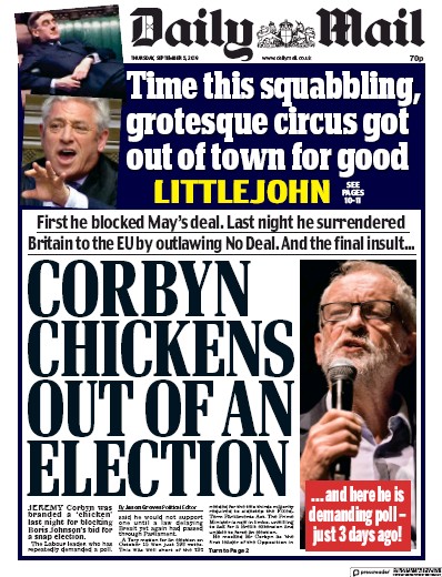 Daily Mail Newspaper Front Page (UK) for 5 September 2019
