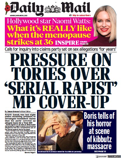 Daily Mail Newspaper Front Page (UK) for 6 November 2023