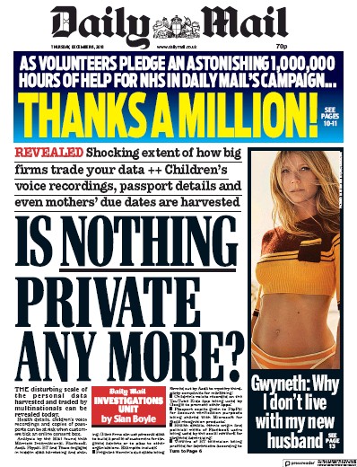Daily Mail Newspaper Front Page (UK) for 6 December 2018