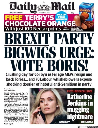 Daily Mail Newspaper Front Page (UK) for 6 December 2019