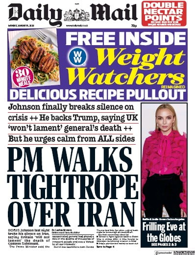 Daily Mail Newspaper Front Page (UK) for 6 January 2020