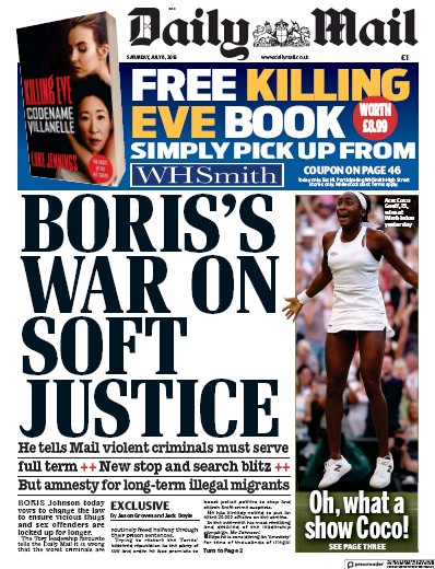 Daily Mail Newspaper Front Page (UK) for 6 July 2019