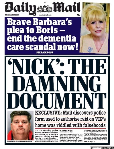 Daily Mail Newspaper Front Page (UK) for 6 August 2019