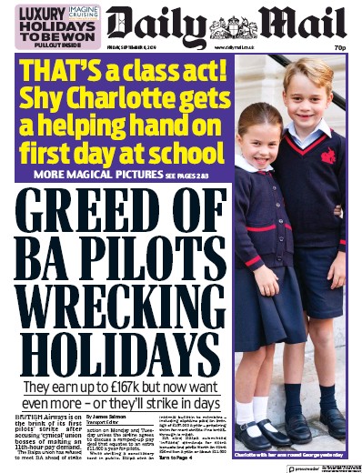 Daily Mail Newspaper Front Page (UK) for 6 September 2019