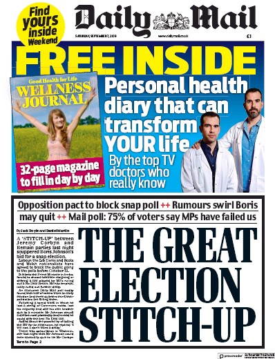 Daily Mail Newspaper Front Page (UK) for 7 September 2019